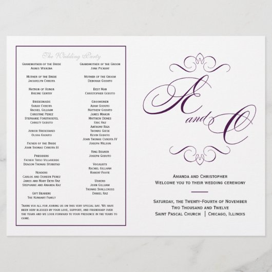 Elegantes Script Wedding Program - Eggplant Lila (Vorderseite)