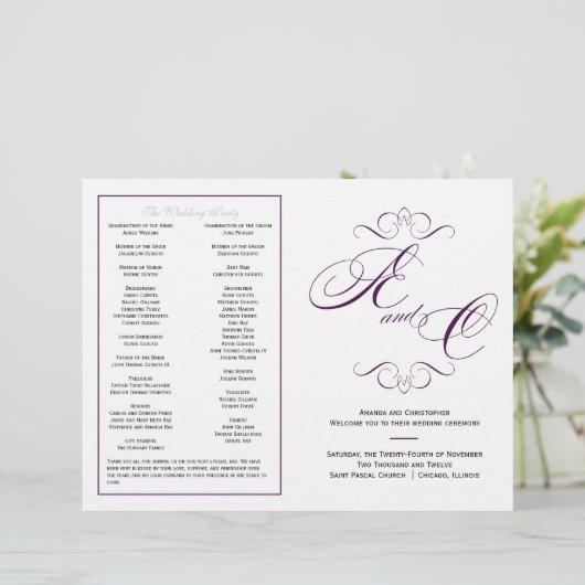 Elegantes Script Wedding Program - Eggplant Lila (Stehend Vorderseite)