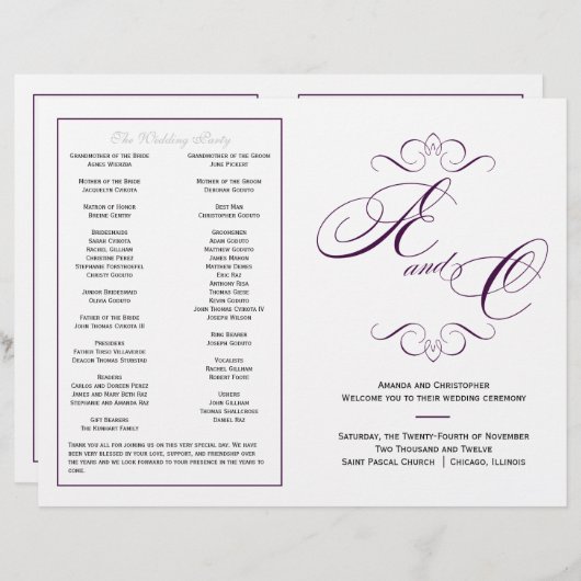 Elegantes Script Wedding Program - Eggplant Lila (Vorne/Hinten)
