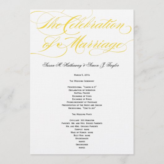 Elegantes Script Wedding Program - Gelb Programm (Vorderseite)