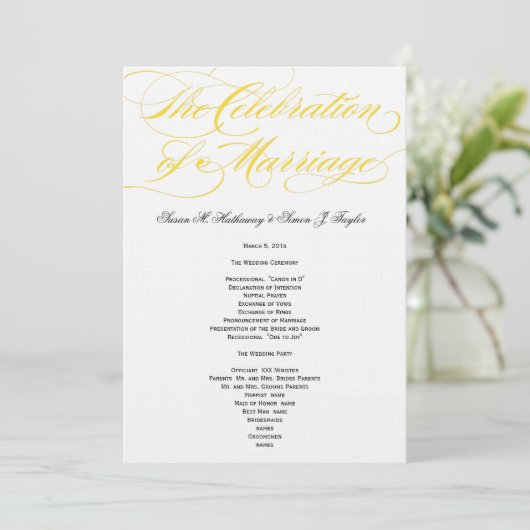 Elegantes Script Wedding Program - Gelb Programm (Stehend Vorderseite)