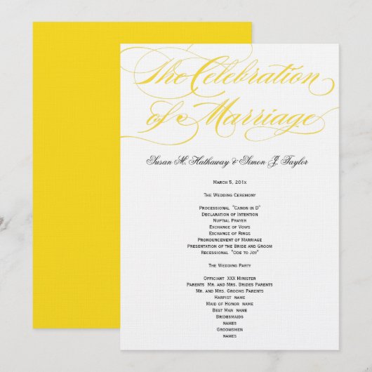 Elegantes Script Wedding Program - Gelb Programm (Vorne/Hinten)
