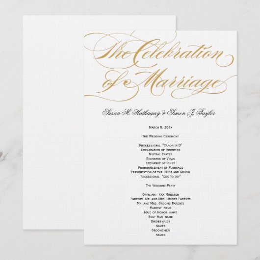 Elegantes Script Wedding Program - Gold Programm (Vorne/Hinten)