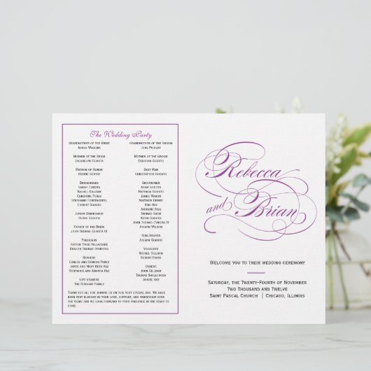 Elegantes Script Wedding Program - Lila (Stehend Vorderseite)