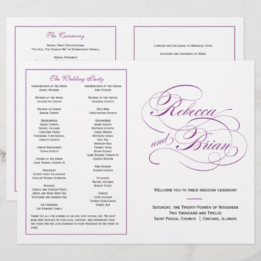Elegantes Script Wedding Program - Lila (Vorne/Hinten)