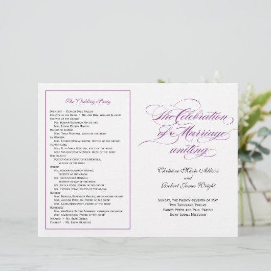 Elegantes Script Wedding Program - Lila (Stehend Vorderseite)