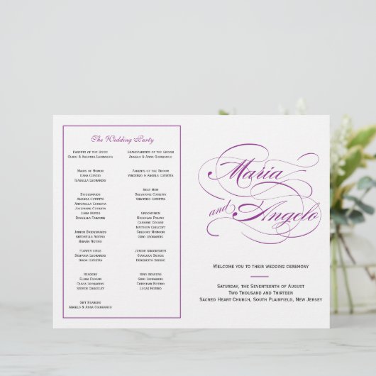 Elegantes Script Wedding Program - Lila (Stehend Vorderseite)