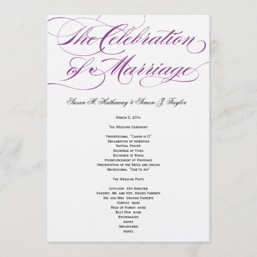 Elegantes Script Wedding Program - Lila Programm (Vorderseite)