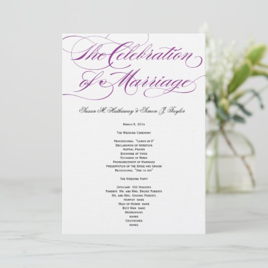 Elegantes Script Wedding Program - Lila Programm (Stehend Vorderseite)