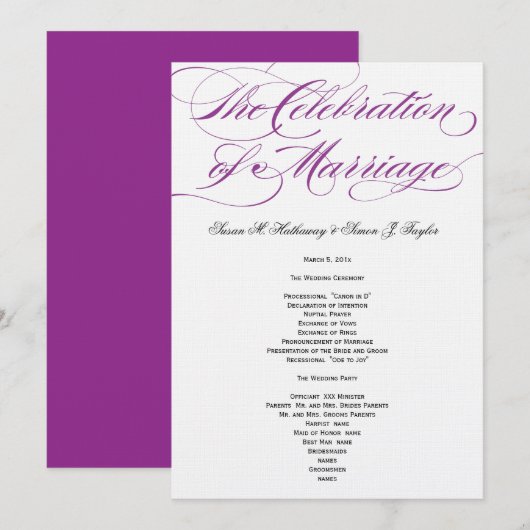 Elegantes Script Wedding Program - Lila Programm (Vorne/Hinten)