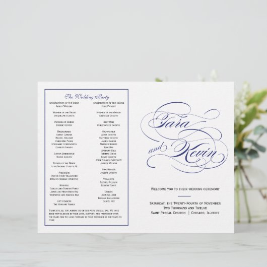 Elegantes Script Wedding Program - Navy (Stehend Vorderseite)
