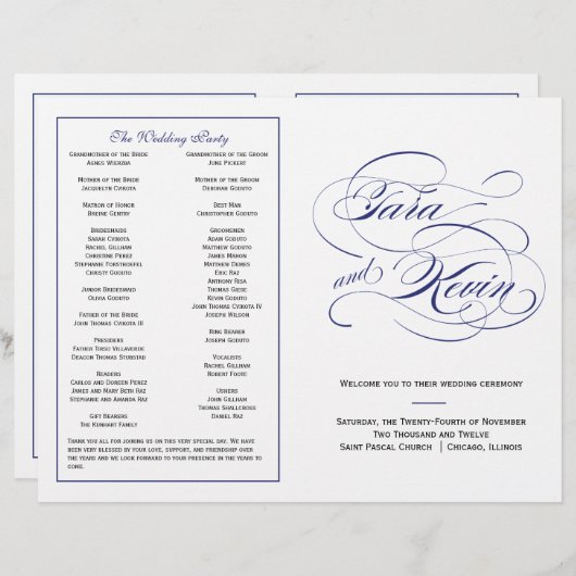 Elegantes Script Wedding Program - Navy (Vorne/Hinten)
