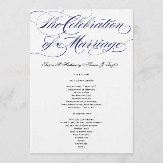 Elegantes Script Wedding Program - Navy Programm (Vorderseite)