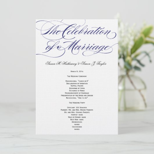 Elegantes Script Wedding Program - Navy Programm (Stehend Vorderseite)