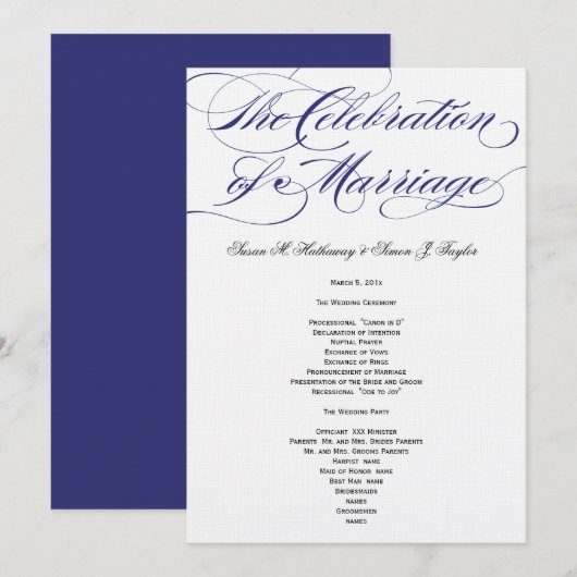 Elegantes Script Wedding Program - Navy Programm (Vorne/Hinten)