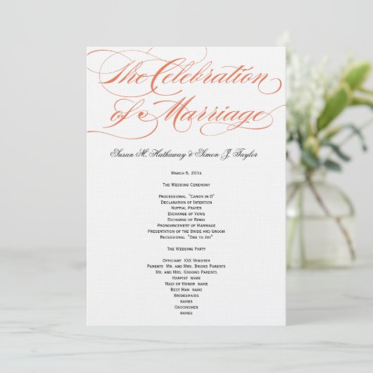 Elegantes Script Wedding Program - Orange Programm (Stehend Vorderseite)