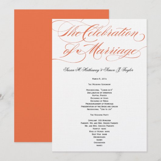 Elegantes Script Wedding Program - Orange Programm (Vorne/Hinten)