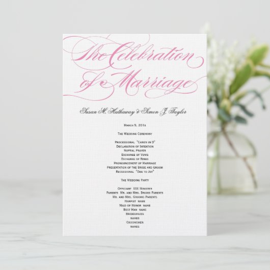 Elegantes Script Wedding Program - Rosa Programm (Stehend Vorderseite)