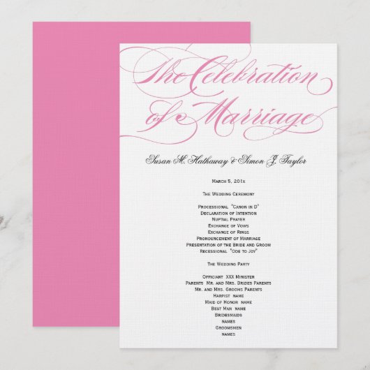 Elegantes Script Wedding Program - Rosa Programm (Vorne/Hinten)