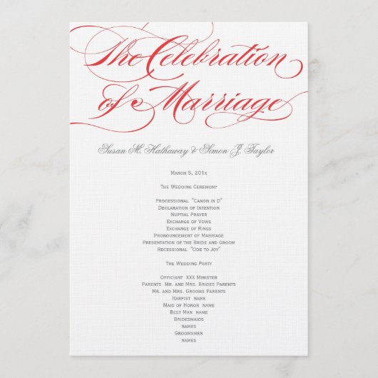 Elegantes Script Wedding Program - Rot Programm (Vorderseite)