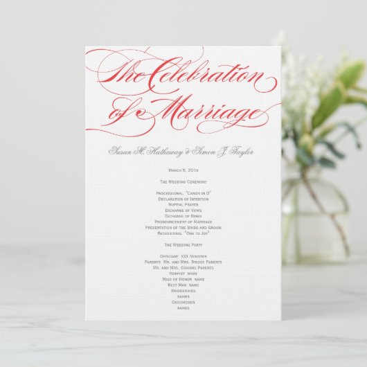 Elegantes Script Wedding Program - Rot Programm (Stehend Vorderseite)