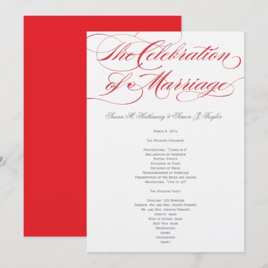 Elegantes Script Wedding Program - Rot Programm (Vorne/Hinten)