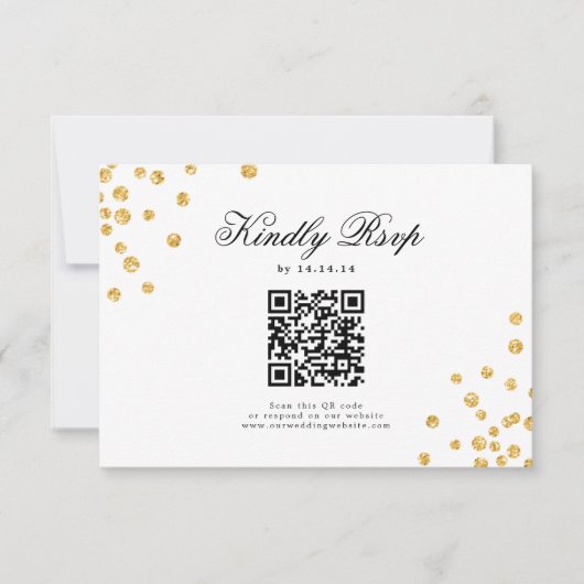 Elegantes Script Wedding QR UAWG Gold Confetti RSVP Karte (Vorderseite)