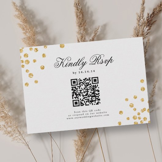 Elegantes Script Wedding QR UAWG Gold Confetti RSVP Karte