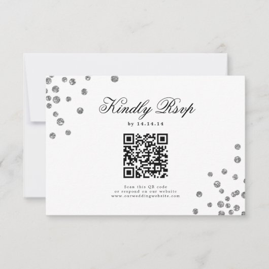 Elegantes Script Wedding QR UAWG Silver Confetti RSVP Karte (Vorderseite)