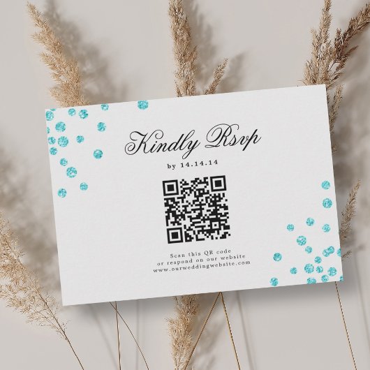 Elegantes Script Wedding QR UAWG Turquoise Confett RSVP Karte