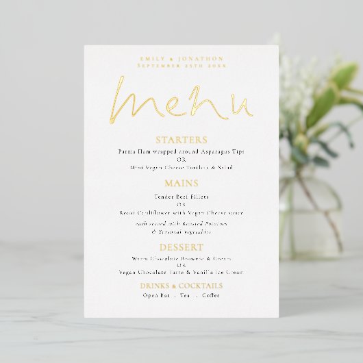 Elegantes Script Wedding Real Foil Menü Karte (Stehend vorne)