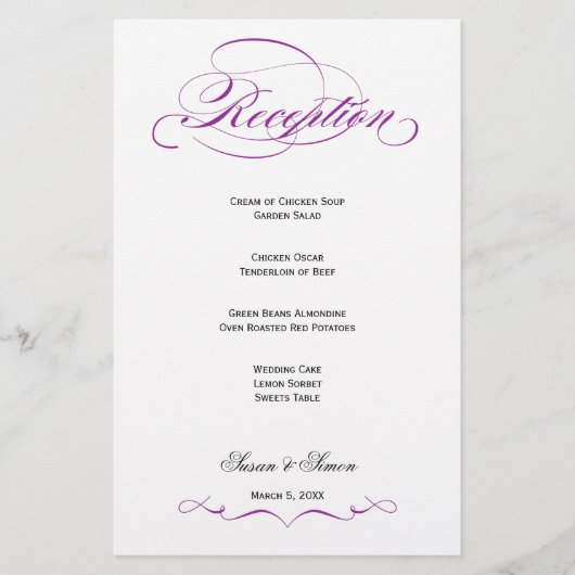 Elegantes Script Wedding Reception Menu - Lila (Vorderseite)