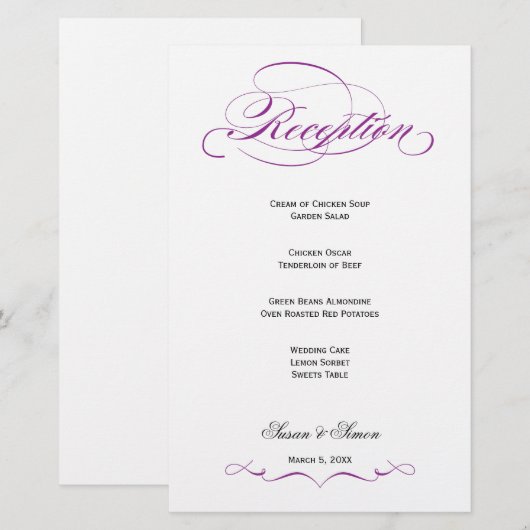 Elegantes Script Wedding Reception Menu - Lila (Vorne/Hinten)