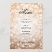 Elegantes Script Wedding Rose Gold Bokeh Lights Menükarte (Vorderseite)