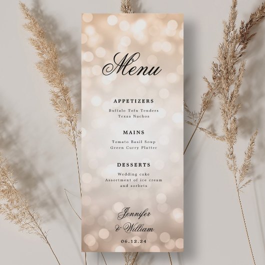 Elegantes Script Wedding Rose Gold Bokeh Lights Menükarte