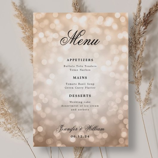 Elegantes Script Wedding Rose Gold Bokeh Lights Menükarte