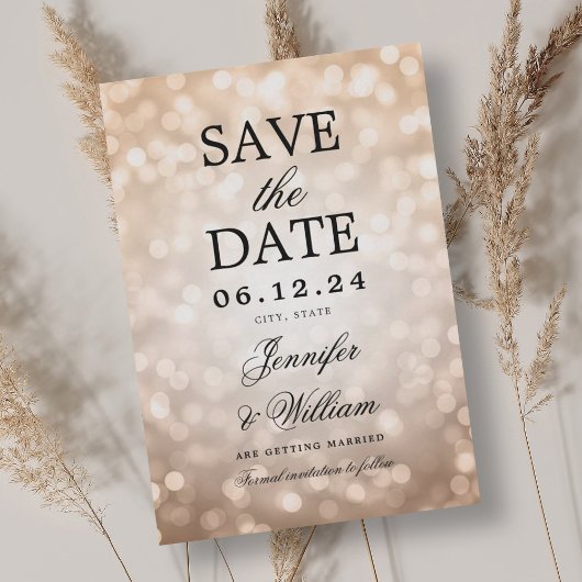 Elegantes Script Wedding Rose Gold Bokeh Lights Save The Date