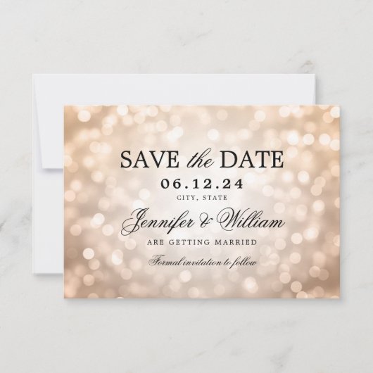 Elegantes Script Wedding Rose Gold Bokeh Lights Save The Date (Vorderseite)