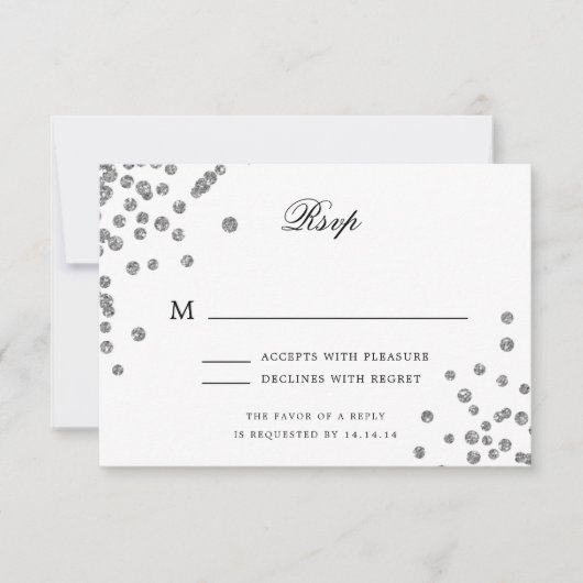 Elegantes Script Wedding RSVP Silver Confetti (Vorderseite)