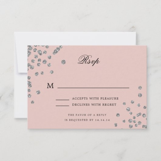 Elegantes Script Wedding RSVP Silver Confetti Blus Karte (Vorderseite)