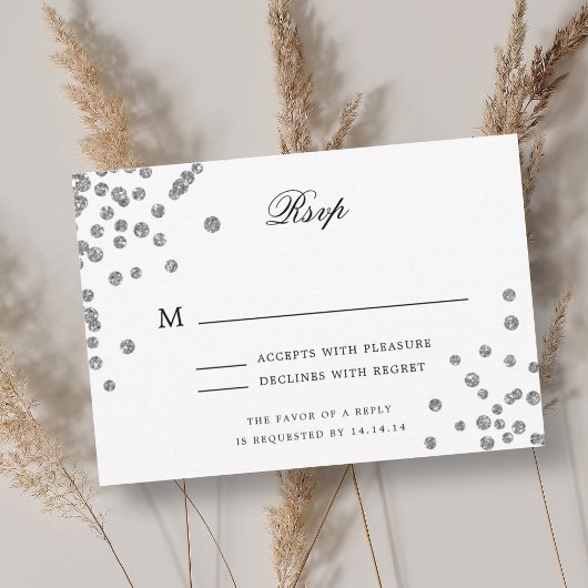 Elegantes Script Wedding RSVP Silver Confetti Karte