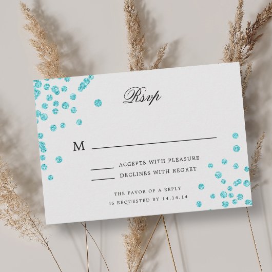 Elegantes Script Wedding RSVP Türkis Confetti Karte