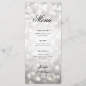 Elegantes Script Wedding Silver Bokeh Lights Menükarte (Vorderseite)