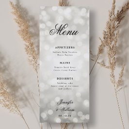 Elegantes Script Wedding Silver Bokeh Lights Menükarte