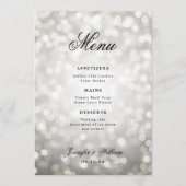 Elegantes Script Wedding Silver Bokeh Lights Menükarte (Vorderseite)
