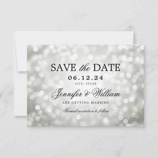 Elegantes Script Wedding Silver Bokeh Lights Save The Date (Vorderseite)