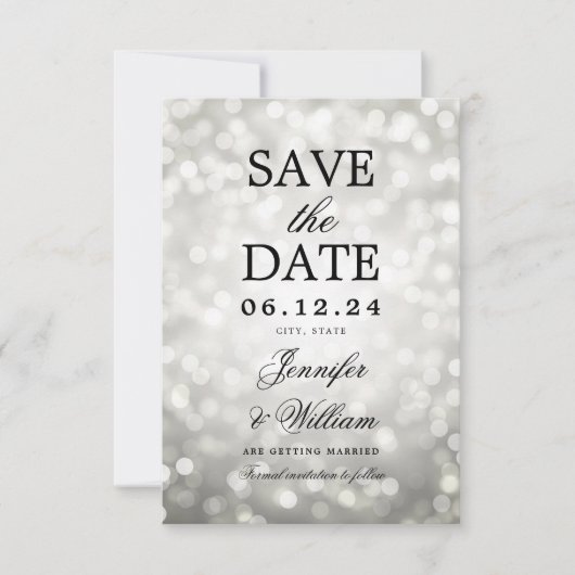 Elegantes Script Wedding Silver Bokeh Lights Save The Date (Vorderseite)
