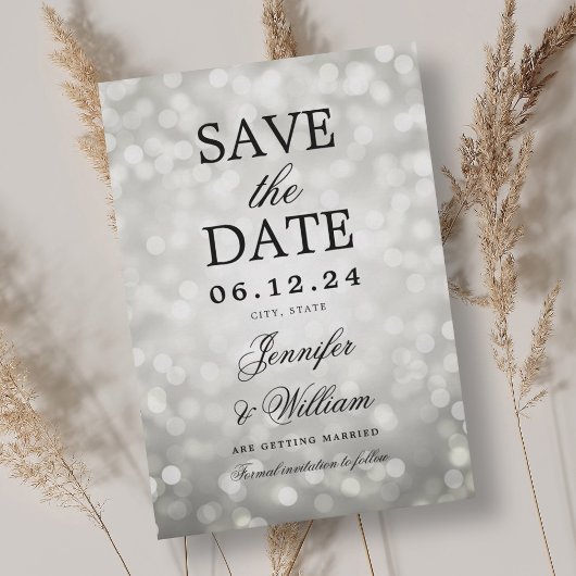 Elegantes Script Wedding Silver Bokeh Lights Save The Date