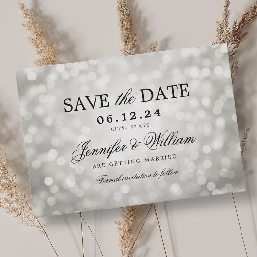 Elegantes Script Wedding Silver Bokeh Lights Save The Date
