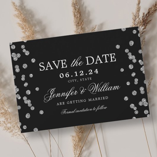 Elegantes Script Wedding Silver Confetti Black Save The Date